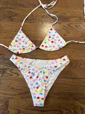Frankie's Bikinis White Floral Triangle Bikini Top and Bottom